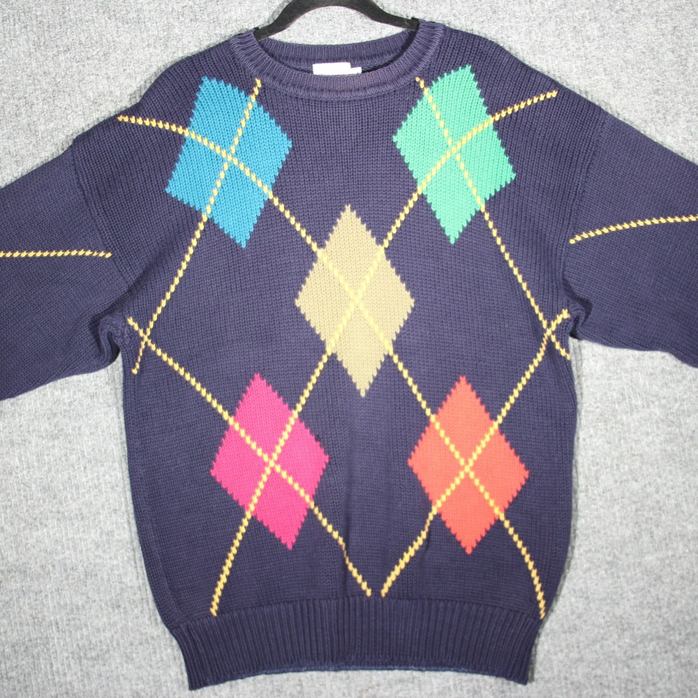 Vintage YANG Sweater Mens Large Blue Eclectic Grandpa Geometric 100% Cotton‎